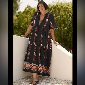 Anthropologie Black Maxi Dress with Pink & Brown Floral Print